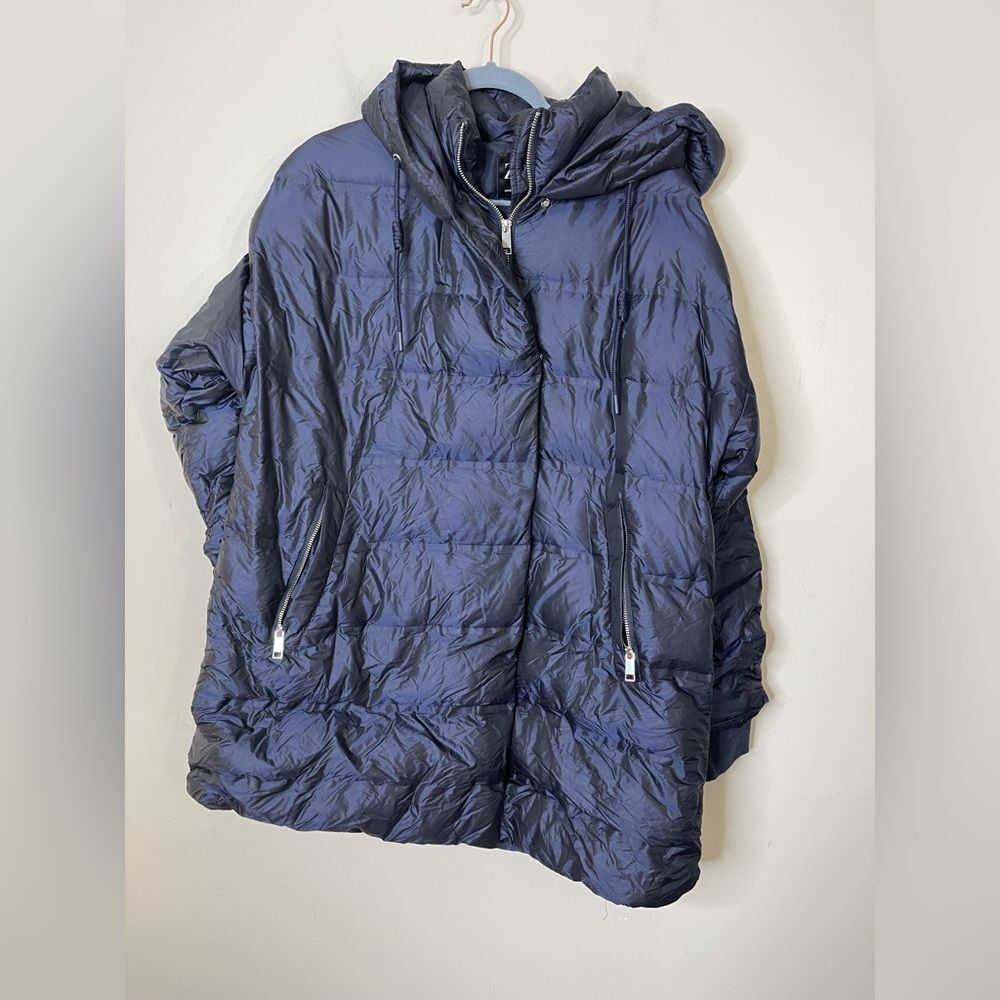 Zara Women’s Navy Satin Shell Down Hooded Coat Sz XL Zipper Double breast front